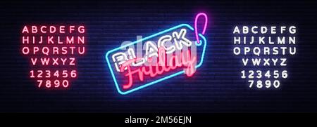 Vecteur de signe néon du solde du Vendredi fou. Black Friday sale modèle de conception enseigne néon, bannière lumineuse, panneau de signalisation néon, publicité lumineuse nocturne, inscr lumière Illustration de Vecteur