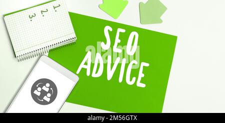 Légende conceptuelle conseils de Seo. Mot écrit sur des conseils ou des recommandations dans l'amélioration du moteur de recherche Banque D'Images