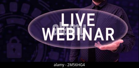 Légende du webinaire en direct. Photo conceptuelle Séminaire interactif transmis sur le Web en temps réel Banque D'Images