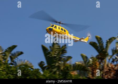 Un hélicoptère de lutte contre les incendies de huey au-dessus d'arbres verts Banque D'Images