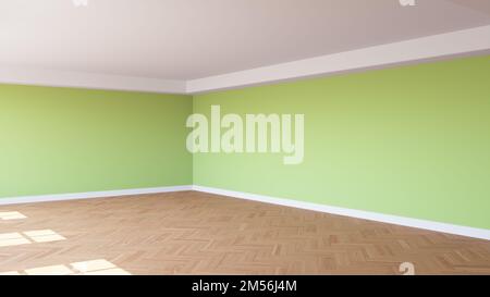 Coin de la salle ensoleillée avec murs vert clair, un plafond blanc et Cornice, parquet brillant à chevrons, et un Plinth blanc. Concept de chambre non meublée. 3D rendu, 8K Ultra HD, 7680 x 4320 Banque D'Images