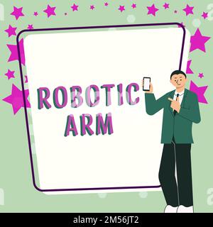 Légende de texte présentant bras robotique, mot écrit sur bras mécanique programmable avec fonction similaire d'un bras humain Banque D'Images