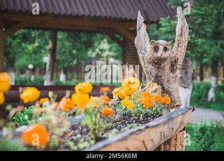 Pots de fleurs sous forme d'oiseau sculpté dans le bois Banque D'Images