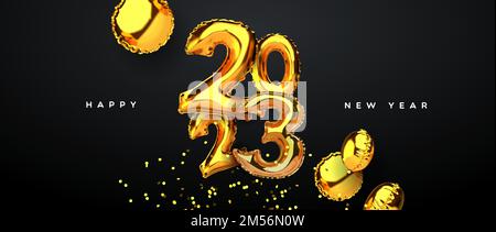 Carte de vœux du nouvel an 2023, ballons d'or réalistes de 3D de date de numéro de calendrier avec confetti de fête d'or sur fond noir. Surveillée et élégante Illustration de Vecteur