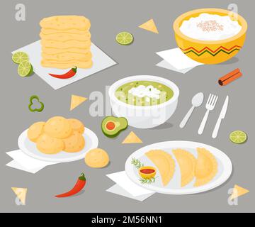 Définir la cuisine nationale latino-américaine. Empanadas mexicaines, pain au fromage brésilien, soupe verte avec avocat, pudding au riz au lait, tortillas de maïs sur l'assiette avec Illustration de Vecteur