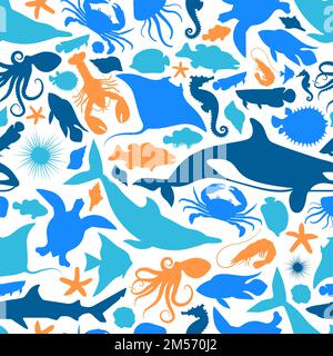 Illustration d'un motif d'icône d'animal d'eau sauvage sans couture. Bleu animaux marins silhouette fond pour le concept de diversité de la vie aquatique de la mer ou corail p Illustration de Vecteur