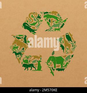Icône verte en forme d'animal illustration sur la texture du papier recyclé. Symbole de recyclage de silhouette d'animaux sauvages divers pour un concept écologique ou des déchets c Illustration de Vecteur