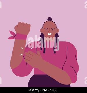 Bonne jeune femme aux mains levées vêtue de rose pour les droits des femmes ou le concept d'égalité. Personnage moderne de dessin animé plat sur fond isolé. Illustration de Vecteur
