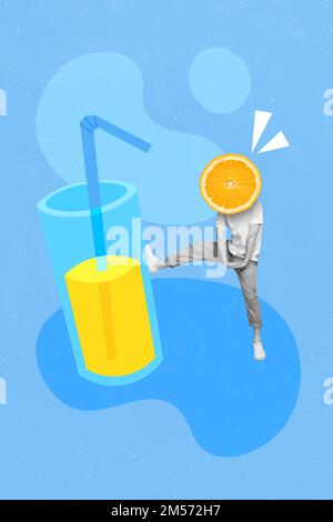 Illustration de collage photo image minimale d'un homme insouciant agrumes au lieu de tête poinçonner verre de jambe arrière-plan de dessin isolé Banque D'Images