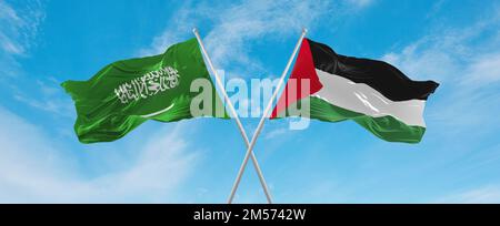 Deux drapeaux croisés la Palestine et l'Arabie Saoudite agitant sous le vent à ciel nuageux. Concept de relation, de dialogue, de voyage entre deux pays. 3d 000 km Banque D'Images