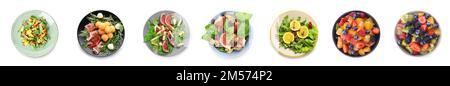 Collage d'assiettes avec des salades saines sur fond blanc Banque D'Images