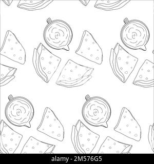 Motif infini de tortillas de maïs pliés en triangle avec sauce dans un saucière. Cuisine latino-américaine traditionnelle. Cuisine mexicaine. Isoler. Art. Ligne Idéal pour les affiches, les bannières, les menus, les étiquettes ou le Web. EPS Illustration de Vecteur