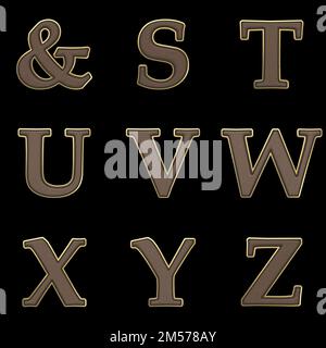 3D jeu de rendu de cuir et or police luxueuse Alphabet, nombres et Punctutation marques isolées sur fond blanc, y compris le chemin. Banque D'Images