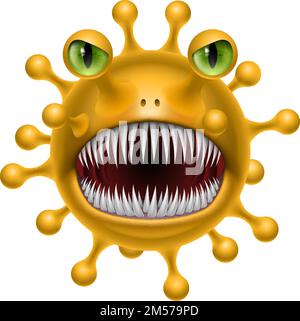 Yellow Corona virus Monster dans le style dessin animé. Un monstre tentacled COVID-19 est un virus dangereux. Le personnage est un microbe Evil de couleur jaune avec Illustration de Vecteur