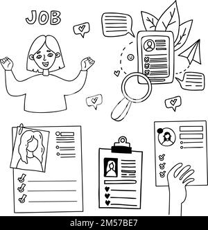 Affaires et travail. Bonne fille joyeuse. Examen des CV et des questionnaires. Tient à la main le document de la candidate à la vacance. Contour du vecteur de collection Illustration de Vecteur