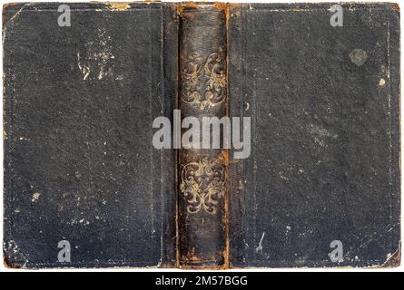 Vieille couverture ouverte de livre avec des panneaux de papier grenade texturés usés, une colonne en cuir marron gaufré craquelé et des décorations florales dorées, vers 1853 Banque D'Images