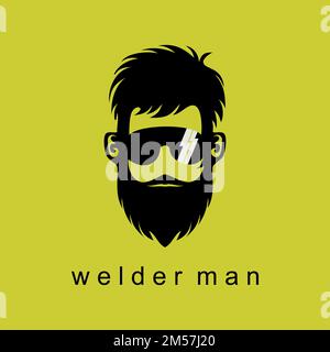 Unique soudeur visage avec les yeux verre, moustache et barbe image graphique logo design abstrait concept vecteur stock. lié au mécanicien ou au personnage. Illustration de Vecteur