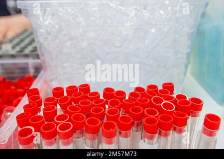 Tube d'échantillon de sang d'une étagère avec des machines d'analyse en laboratoire. tubes préparés dans la banque de sang de la machine à centrifuger de laboratoire. Banque D'Images