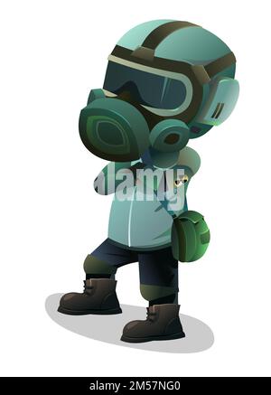 Homme dans le masque à gaz debout et regardant. Caractère dans la protection chimique contre la poussière radioactive. Caricature post-apocalypse. Rayonnement et Illustration de Vecteur