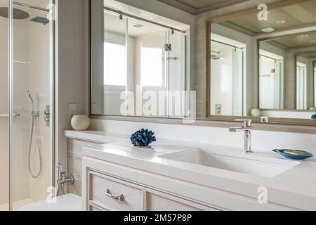 Salle de bains luxueuse avec grand miroir et réflexion multiple inhabituelle. Douche spacieuse avec rambarde en verre. Lumière du jour Banque D'Images