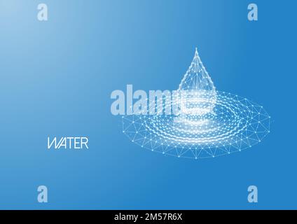 Goutte d'eau polygonale basse et lumineuse futuriste avec ondulations par éclaboussures composées de lignes, de points et de particules légères isolées sur fond bleu. Cadre métallique moderne me Illustration de Vecteur