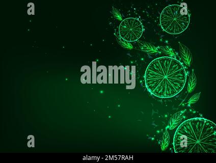 Des tranches de citron ou de citron vert faiblement polygonales et des feuilles vertes sur fond vert foncé futuristes. Concept de boisson rafraîchissante. Conception de maillage filaire moderne Illustration de Vecteur