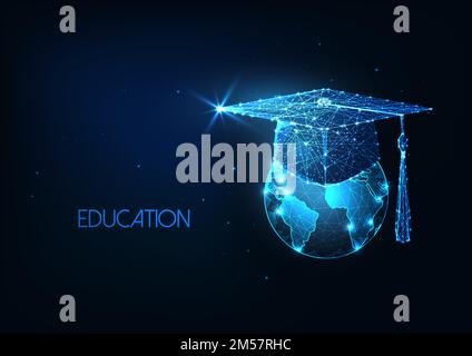 Concept futuriste de l'éducation internationale avec une capsule de graduation polygonale basse et un globe terrestre isolés sur fond bleu foncé. Moderne wirefram Illustration de Vecteur