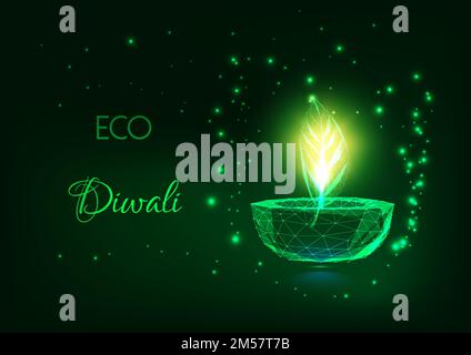 ECO Diwali concept avec lampe diya basse polygonale futuriste et feuille verte sur fond vert foncé. Conception moderne en maille à armature métallique Vector illus Illustration de Vecteur