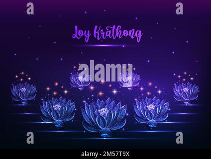 Loy Krathong tai festival modèle de bannière Web avec flottant lumineux basse polygonal lotus eau fleurs et ciel étoilé sur bleu foncé pourpre backgrou Illustration de Vecteur