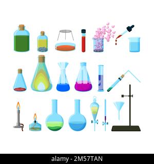 Ensemble de verrerie de laboratoire chimique colorée et lumineuse, isolée sur fond blanc. Illustration vectorielle de style dessin animé Illustration de Vecteur