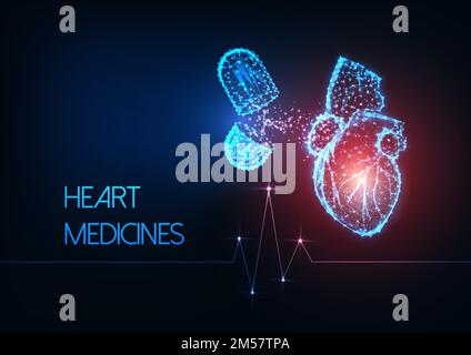 Médicaments futuristes luminescents à faible polygonal coeur humain et capsules pilules sur fond bleu foncé. Concept de médicaments contre les crises cardiaques. Cadre métallique moderne Illustration de Vecteur