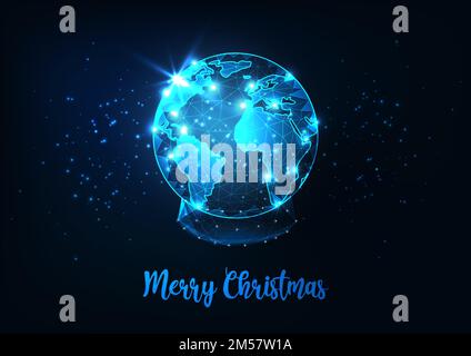 Carte de vœux futuriste Merry Christmas avec boule à neige lumineuse et polygonale avec carte du monde de la planète Terre sur fond bleu foncé. Moderne Illustration de Vecteur