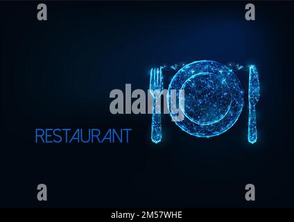 Concept futuriste d'entreprise de restaurant avec fourchette, couteau et plaque en verre polygonal peu luminescents isolés sur fond bleu foncé. Cadre métallique moderne Illustration de Vecteur