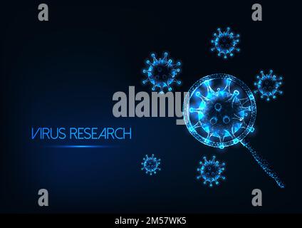 Concept de recherche futuriste du coronavirus sars-cov2 avec cellules à faible teneur en poly sous loupe sur fond bleu foncé. Virologie, immunolo Illustration de Vecteur