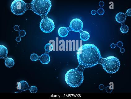 Modèle futuriste de bannière web scientifique avec molécules structurelles d'eau polygonales à faible lueur sur fond bleu foncé. Conception moderne en maille à armature métallique Illustration de Vecteur