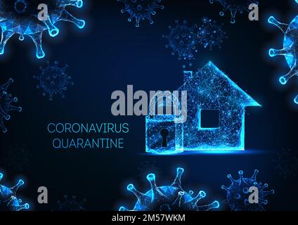 Verrouillage, travail à domicile, auto-quarantaine en raison du concept de pandémie de coronavirus avec des cellules de virus à faible polygone et une maison résidentielle. Moderne Illustration de Vecteur