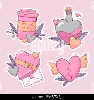 saint valentin autocollants une boîte de chocolats un coeur brisé un verre de café et une potion d'amour Illustration de Vecteur