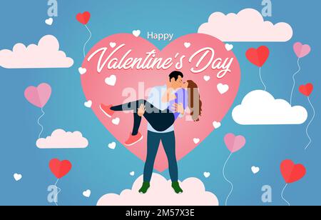 bonne saint valentin fond plat avec couple embrassant et embrassant sur fond des nuages et des balons volants Illustration de Vecteur