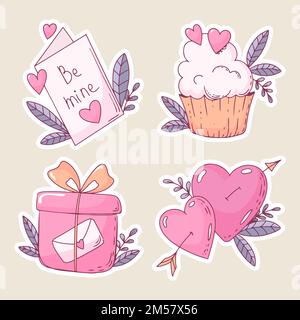 saint valentin autocollants gâteau avec coeur un cadeau de coeur avec une flèche et une carte avec l'inscription être moi Illustration de Vecteur