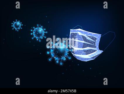 Masque de protection médical et coronavirus futuristes luminescents faiblement polygonaux sur fond bleu foncé. Illustration vectorielle de la conception de maillage à cadre métallique moderne. Illustration de Vecteur