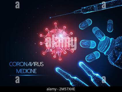 Concept de médecine futuriste antiviral du coronavirus Covid-19 avec virus rouge polygonal faible luminescent, ampoules de vaccin, bouteille de pilules et seringue sur le noir Illustration de Vecteur