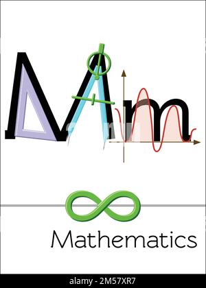 La lettre M de la carte flash est destinée aux mathématiques. Alphabet scientifique pour enfants. Puzzle ABC série de cartes flash. Illustration vectorielle de dessin animé de style plat. Illustration de Vecteur