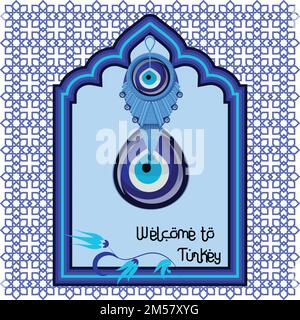 Bienvenue à la Turquie modèle de panier de salutation avec turc traditionnel verre amulet boncuk, mal oeil dans le style de l'arche fenêtre bleue isolée sur blanc backgr Illustration de Vecteur