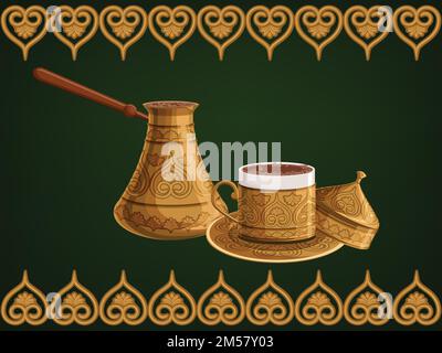 Traditionnel turc antique décoré cuivre cezve et tasse de café avec chapeau sur fond vert ornemental de style arabe. Illustration vectorielle de dessin animé Illustration de Vecteur