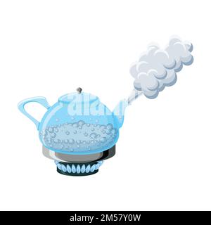 bouilloire en verre transparent avec de l'eau bouillante et de la vapeur sur le dessus du poêle à gaz isolé sur fond blanc. Illustration vectorielle de dessin animé de style plat. Illustration de Vecteur