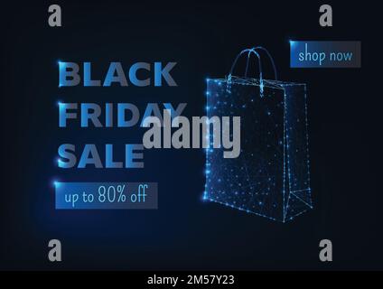 Modèle de bannière en ligne pour solde du Vendredi fou avec sac à provisions en polyéthylène à faible luminosité et texte sur fond bleu foncé. Vecteur futuriste de conception d'éléments filaires Illustration de Vecteur