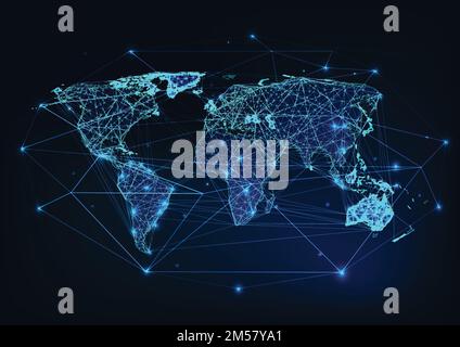 La carte du monde est en maillage avec les continents, les contours sont constitués de lignes, de points, d'étoiles, de triangles et entourés d'un cadre abstrait. Mondialisation, connexion Internet, Illustration de Vecteur