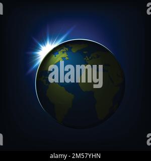 Lever du soleil sur le globe terrestre avec des continents verts et vue sur l'océan bleu depuis l'espace. Illustration vectorielle. Illustration de Vecteur
