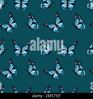 Papillons volants et assis avec ailes bleues motif sans couture sur fond bleu foncé. Illustration vectorielle plate. Illustration de Vecteur