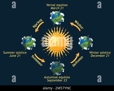 Cycle des saisons de la Terre de l'année. Équinoxe automnal et vernal, solstice d'été et d'hiver. Planète Terre orbite autour du soleil. Illustration du vecteur de dessin animé Illustration de Vecteur